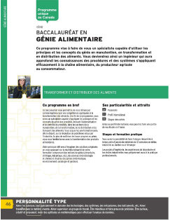 Le baccalauréat en génie alimentaire vise à faire de vous un spécialiste capable d’utiliser les principes et les concepts du génie en manutention, en transformation et en distribution des aliments. Vous deviendrez ainsi un ingénieur qui aura approfondi les connaissances des procédures et des systèmes s’appliquant efficacement à la chaîne alimentaire, du producteur agricole au consommateur. Image non trouvée