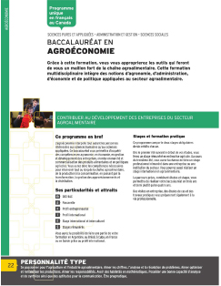 Grâce au baccalauréat en agroéconomie, vous vous approprierez les outils qui feront de vous un maillon fort de la chaîne agroalimentaire. Cette formation multidisciplinaire intègre des notions d’agronomie, d’administration, d’économie et de politique appliquées au secteur agroalimentaire. Image non trouvée