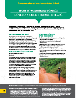 Ce programme multifacultaire a pour objet l'un des enjeux majeurs de notre temps: le progrès socioéconomique des territoires ruraux. Il repose sur une approche transversale du développement qui, au-delà des particularismes locaux, permette d'appréhender les éléments communs à tout problème de développement rural, au Sud, comme au Nord. Image non trouvée