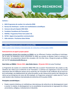 <div>Contenu :</div>
<div>1. CRSNG : Projets et Réseaux stratégiques - domaines ciblés</div>
<div>2. CRSH - Subvention institutionnelle (appel à projets)</div>
<div>3. IRSC - Projet pilote</div>
<div>4. Conseil de recherches avicoles du Canada (CRAC) : Lettre d’intention</div>
<div>5. Les Producteurs de poulet du Québec (PPC) : Appel de propositions</div>
<div>6. Alberta Land Institute : Appel à propositions</div>
<div>7. MAPAQ - Prime-vert</div>
<div>8. Diabète Québec</div>
<div>9. MITACS : Concours Globalink et Élévation</div>
<div>10. Rappel : Concours de bourses de recrutement de nouveaux étudiants (maîtrise et doctorat)</div>
<div>11. Aide-mémoire : Prochaines dates limites</div> Image non trouvée