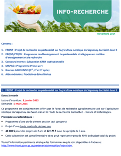 Contenu de cet Info-Recherche:
<ol><li>FRQSC- Appel à projets franco-québécois</li><li>CRSH- Subventions développement Savoir (mise à jour)</li><li>CRSH- Subventions de synthèse des connaissances</li><li>Aide-mémoire : Prochaines dates limites</li></ol> Image non trouvée