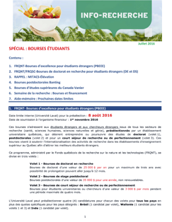 <div>L'info-recherche de la FSAA donne les dernières nouvelles aux chercheurs de la Faculté sur les organismes subventionnaires, les projets de recherche et les dates limites. Cette infolettre est rédigée par les conseillères du vice-décanat à la recherche.
Contenu :</div>
<div>1. FRQNT‐Bourses d’excellence pour étudiants étrangers (PBEEE)</div>
<div>2. FRQNT/FRQSC‐Bourses de doctorat en recherche pour étudiants étrangers (DE et DS)</div>
<div>3. RAPPEL : MITACS‐Élévation</div>
<div>4. Bourses postdoctorales Banting</div>
<div>5. Bourses d’études supérieures du Canada Vanier</div>
<div>6. Semaine de la recherche : Bourses et financement</div>
<div>7. Aide‐mémoire : Prochaines dates limites</div> Image non trouvée