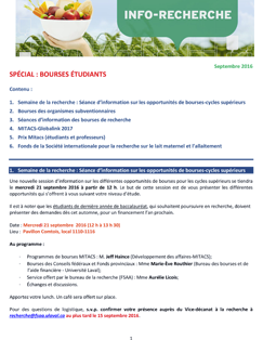 <div><span style="color: rgb(85, 85, 85); font-family: "Source Sans Pro", Arial, Helvetica, Verdana, sans-serif; font-size: 14px; line-height: 18px;">L'info-recherche de la FSAA donne les dernières nouvelles aux chercheurs de la Faculté sur les organismes subventionnaires, les projets de recherche et les dates limites. Cette infolettre est rédigée par les conseillères du vice-décanat à la recherche.</span>
<span style="color: rgb(85, 85, 85); font-family: "Source Sans Pro", Arial, Helvetica, Verdana, sans-serif; font-size: 14px; line-height: 18px;"></span><span style="color: rgb(85, 85, 85); font-family: "Source Sans Pro", Arial, Helvetica, Verdana, sans-serif; font-size: 14px; line-height: 18px;">1.</span><span style="color: rgb(85, 85, 85); font-family: "Source Sans Pro", Arial, Helvetica, Verdana, sans-serif; font-size: 14px; line-height: 18px; white-space: pre;"> </span><span style="color: rgb(85, 85, 85); font-family: "Source Sans Pro", Arial, Helvetica, Verdana, sans-serif; font-size: 14px; line-height: 18px;">Semaine de la recherche : Séance d’information sur les opportunités de bourses-cycles supérieurs</span>
<span style="color: rgb(85, 85, 85); font-family: "Source Sans Pro", Arial, Helvetica, Verdana, sans-serif; font-size: 14px; line-height: 18px;">2.</span><span style="color: rgb(85, 85, 85); font-family: "Source Sans Pro", Arial, Helvetica, Verdana, sans-serif; font-size: 14px; line-height: 18px; white-space: pre;"> </span><span style="color: rgb(85, 85, 85); font-family: "Source Sans Pro", Arial, Helvetica, Verdana, sans-serif; font-size: 14px; line-height: 18px;">Bourses des organismes subventionnaires</span>
<span style="color: rgb(85, 85, 85); font-family: "Source Sans Pro", Arial, Helvetica, Verdana, sans-serif; font-size: 14px; line-height: 18px;">3.</span><span style="color: rgb(85, 85, 85); font-family: "Source Sans Pro", Arial, Helvetica, Verdana, sans-serif; font-size: 14px; line-height: 18px; white-space: pre;"> </span><span style="color: rgb(85, 85, 85); font-family: "Source Sans Pro", Arial, Helvetica, Verdana, sans-serif; font-size: 14px; line-height: 18px;">Séances d’information des bourses de recherche</span>
<span style="color: rgb(85, 85, 85); font-family: "Source Sans Pro", Arial, Helvetica, Verdana, sans-serif; font-size: 14px; line-height: 18px;">4.</span><span style="color: rgb(85, 85, 85); font-family: "Source Sans Pro", Arial, Helvetica, Verdana, sans-serif; font-size: 14px; line-height: 18px; white-space: pre;"> </span><span style="color: rgb(85, 85, 85); font-family: "Source Sans Pro", Arial, Helvetica, Verdana, sans-serif; font-size: 14px; line-height: 18px;">MITACS-Globalink 2017</span>
<span style="color: rgb(85, 85, 85); font-family: "Source Sans Pro", Arial, Helvetica, Verdana, sans-serif; font-size: 14px; line-height: 18px;">5.</span><span style="color: rgb(85, 85, 85); font-family: "Source Sans Pro", Arial, Helvetica, Verdana, sans-serif; font-size: 14px; line-height: 18px; white-space: pre;"> </span><span style="color: rgb(85, 85, 85); font-family: "Source Sans Pro", Arial, Helvetica, Verdana, sans-serif; font-size: 14px; line-height: 18px;">Prix Mitacs (étudiants et professeurs)</span>
<span style="color: rgb(85, 85, 85); font-family: "Source Sans Pro", Arial, Helvetica, Verdana, sans-serif; font-size: 14px; line-height: 18px;">6.</span><span style="color: rgb(85, 85, 85); font-family: "Source Sans Pro", Arial, Helvetica, Verdana, sans-serif; font-size: 14px; line-height: 18px; white-space: pre;"> </span><span style="color: rgb(85, 85, 85); font-family: "Source Sans Pro", Arial, Helvetica, Verdana, sans-serif; font-size: 14px; line-height: 18px;">Fonds de la Société internationale pour la recherche sur le lait maternel et l’allaitement</span></div>
<div></div> Image non trouvée