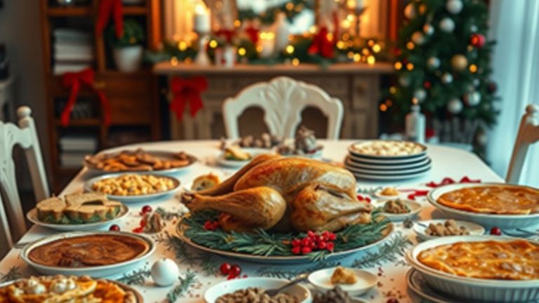 Repas festif avec dinde au centre de la table
